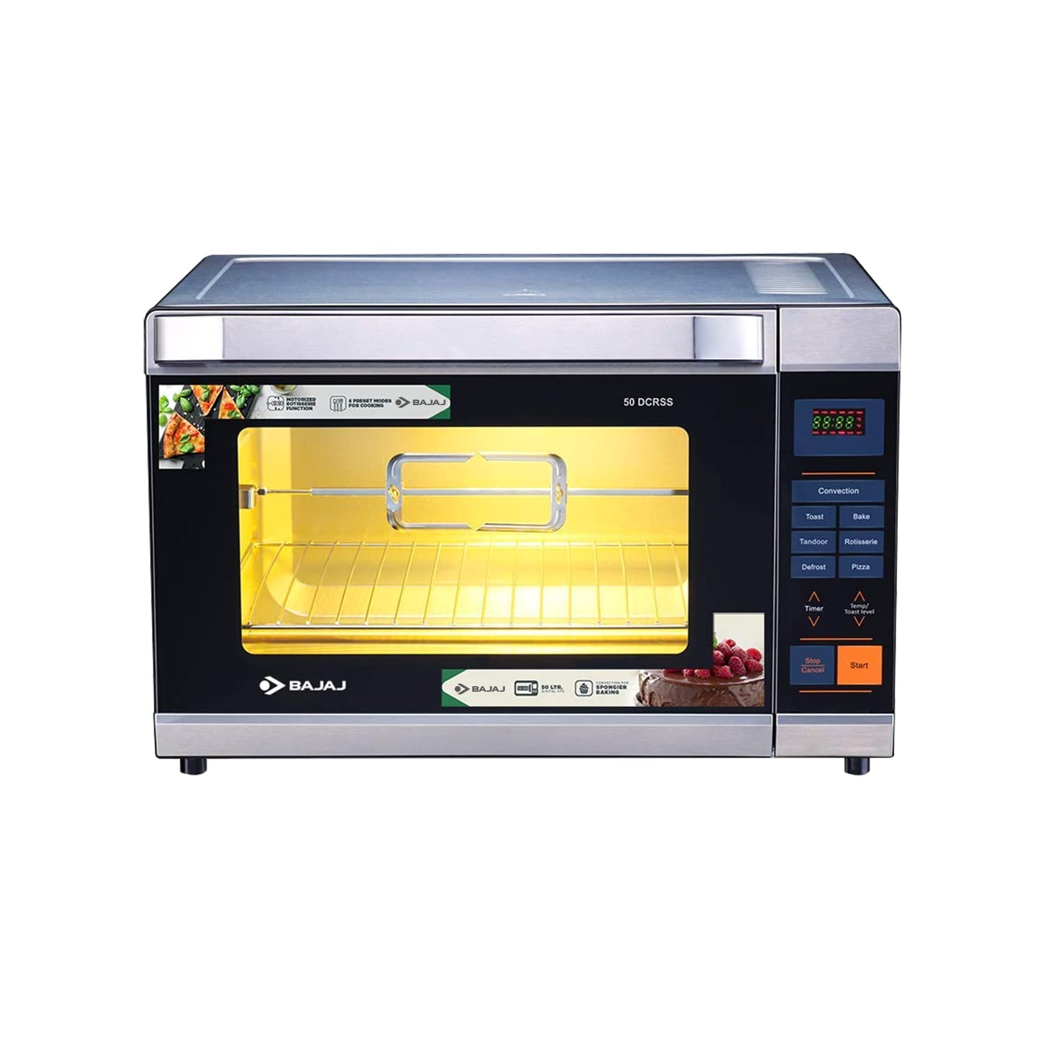 Bajaj 50 Litre Digital Oven Toaster Griller (50 litres OTG) with 6 Pre-Set Menu, Oven for Kitchen with Illuminated Chamber, Motorised Rotisserie & Convection, 2 Year Warranty Black & Silver ( OPEN BOX ) Bajaj 50 Litre Digital Oven Toaster Griller (50 litres OTG) with 6 Pre-Set Menu, Oven for Kitchen with Illuminated Chamber, Motorised Rotisserie & Convection, 2 Year Warranty Black & Silver ( OPEN BOX )